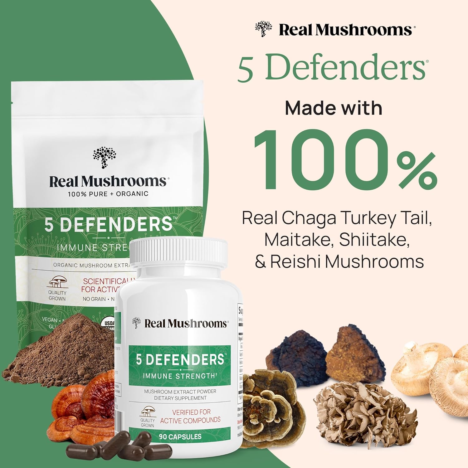 Real Mushrooms 5 Defenders Mushroom Complex - Functional Mushrooms Extract from Chaga, Shiitake, Maitake, Reishi, Turkey Tail Mushroom Blend for Wellness Support with Beta Glucans - 45 Servings