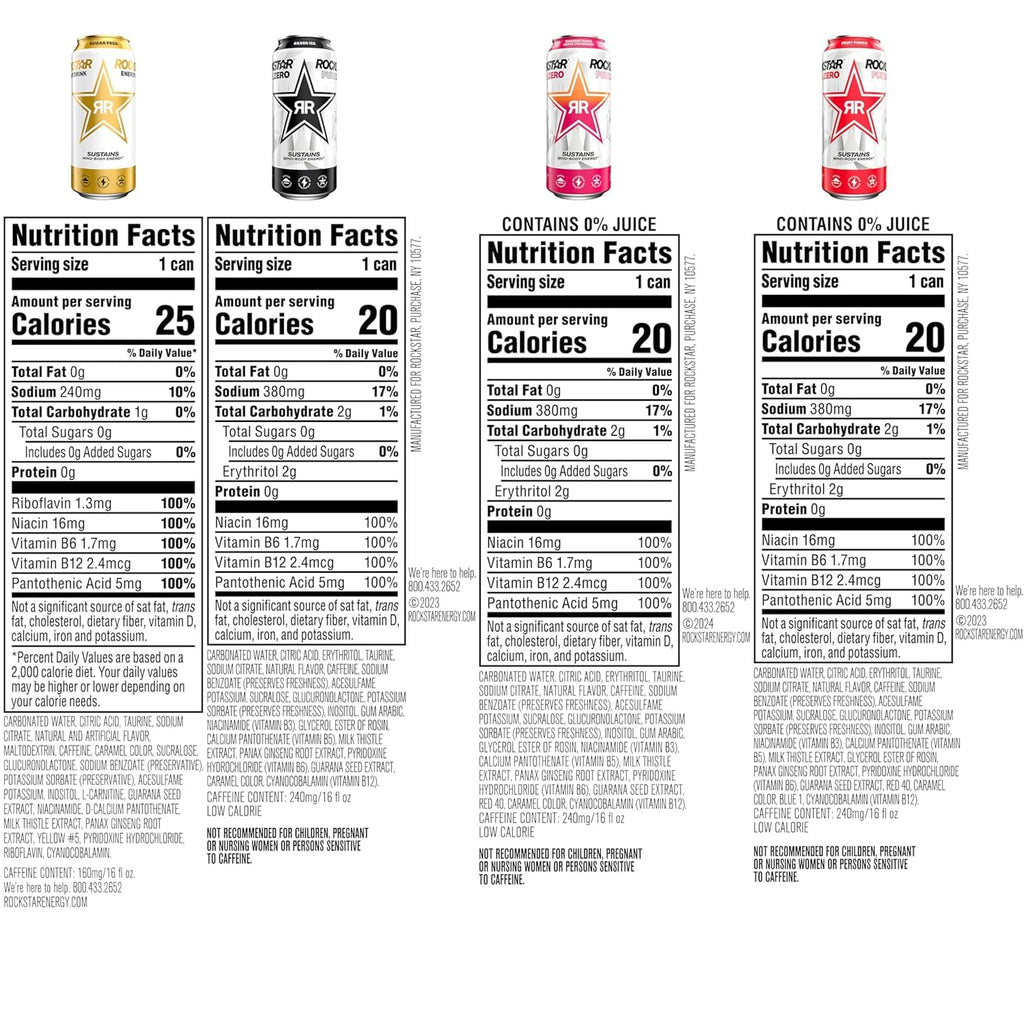 Rockstar Pure Zero Energy Drink,4 Flavor Pure Zero Variety Pack, 0 Sugar, with Caffeine and Taurine, 16oz Cans (12 Pack) (Packaging May Vary)