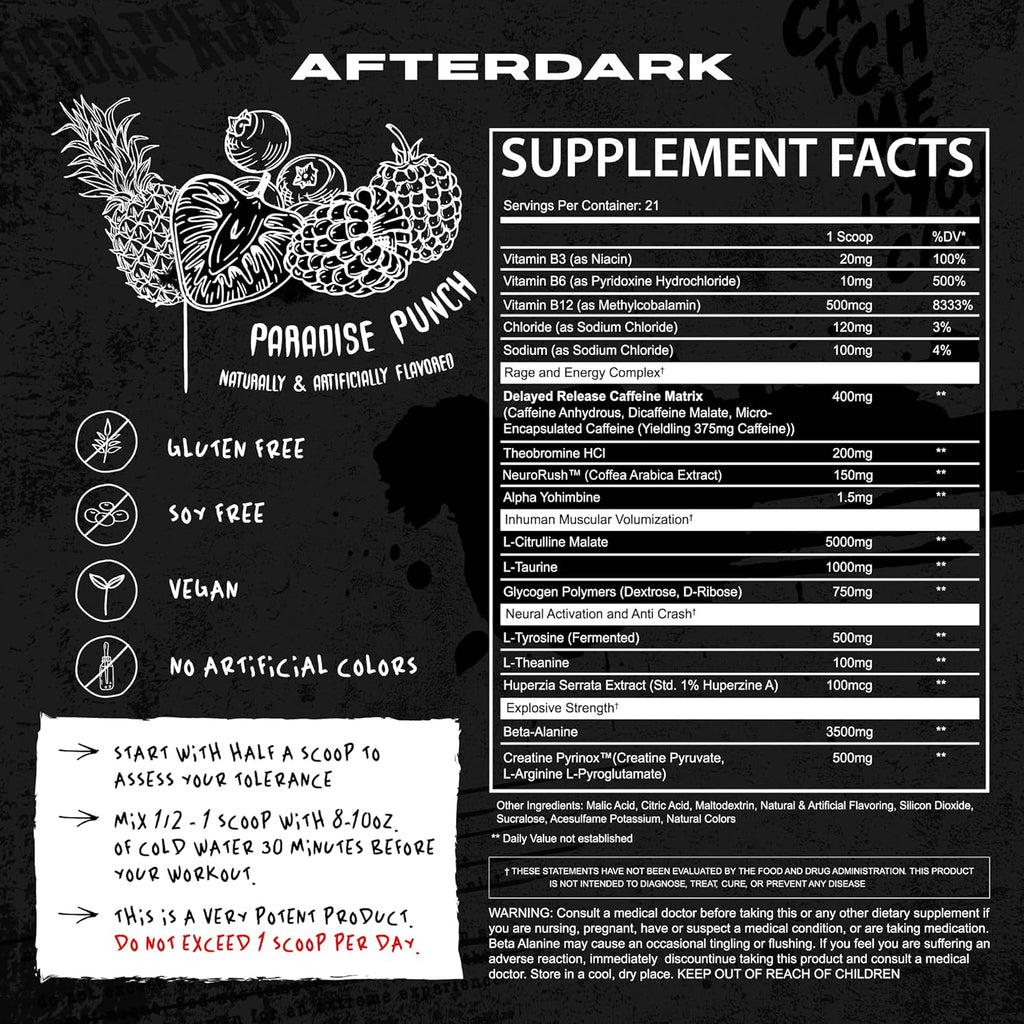 AFTERDARK INHUMAN Pre-Workout Powder, Enhanced Mind-Muscle Connection, Sustained Energy, Potent Nootropic Blend, Vegan, Gluten-Free, Soy-Free, 400mg Caffeine, No Crash, Paradise Punch