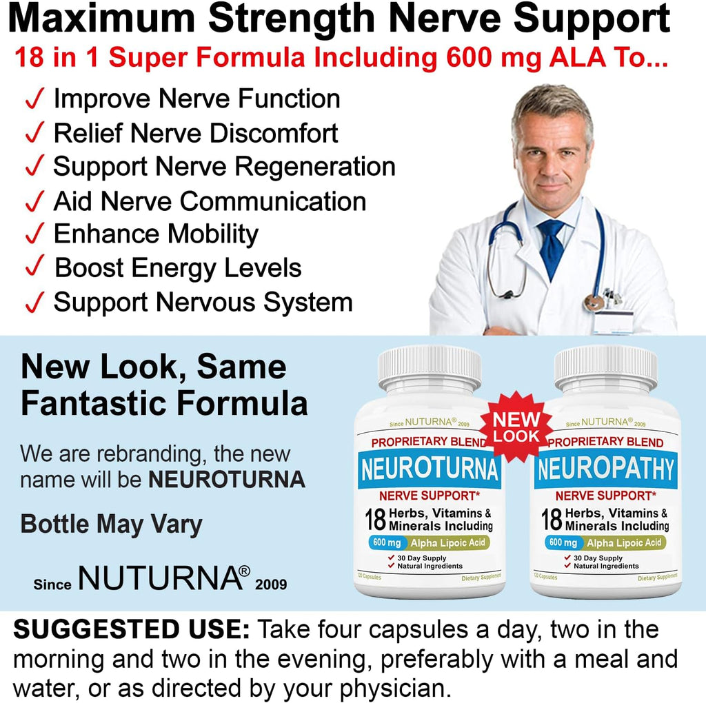 Neuropathy Support Nerve Supplement with 600 mg Pure Alpha Lipoic Acid - Maximum Strength Formula, Fortify Nerves in Fingers, Hands, Toes, & Feet - Best Peripheral Relief Support - 120 Capsules