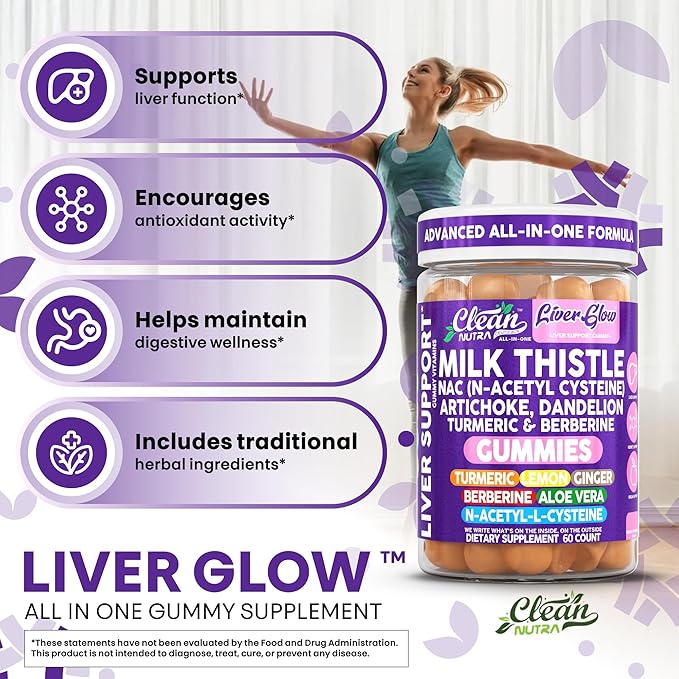 Clean Nutra Milk Thistle NAC Supplement N Acetyl Cysteine Artichoke Dandelion Root Turmeric Berberine Ginger Curcumin Gut Health Metabolism Detox & Cleanse 60 Gummies