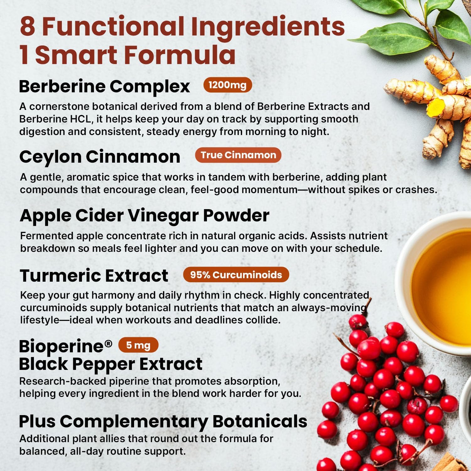 Super Berberine Supplement with Ceylon Cinnamon, BioPerine, Apple Cider, and Turmeric 1500mg - 8-in-1 Dihydroberberine Supplement for Overall Wellness and Balance Support, 120 ct