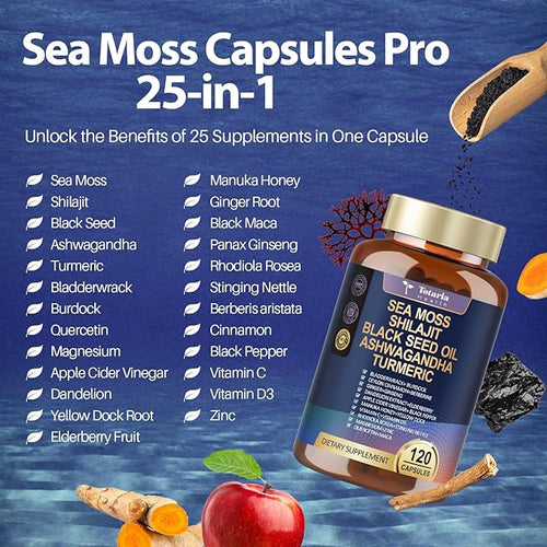 25-in-1 Sea Moss Capsules, 120 Capsules per Bottle, 2 Bottles