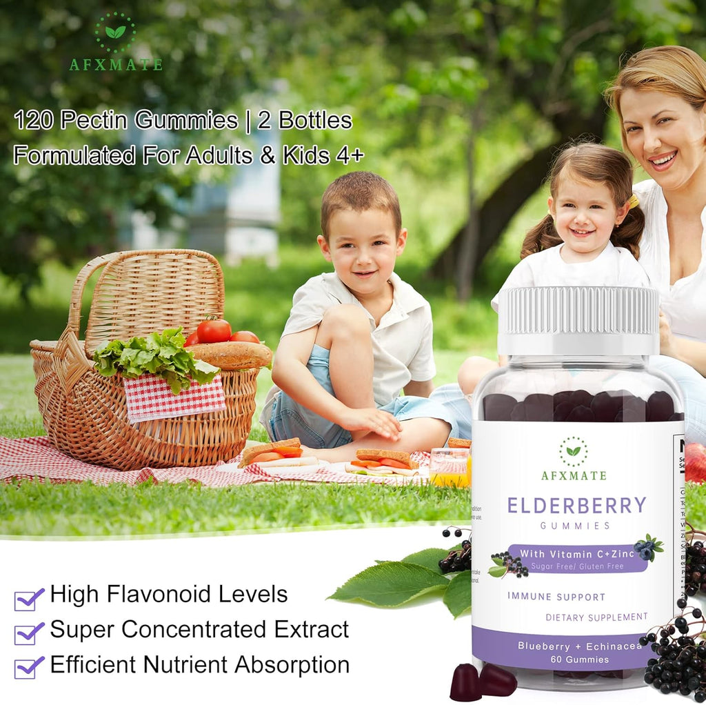 Sambucus Elderberry Gummies, Black Elderberry Gummy with Zinc and Vitamin C for Adults, Sugar Free Kids Multivitamin Gummies Immune Support* Supplement (2 Pack)