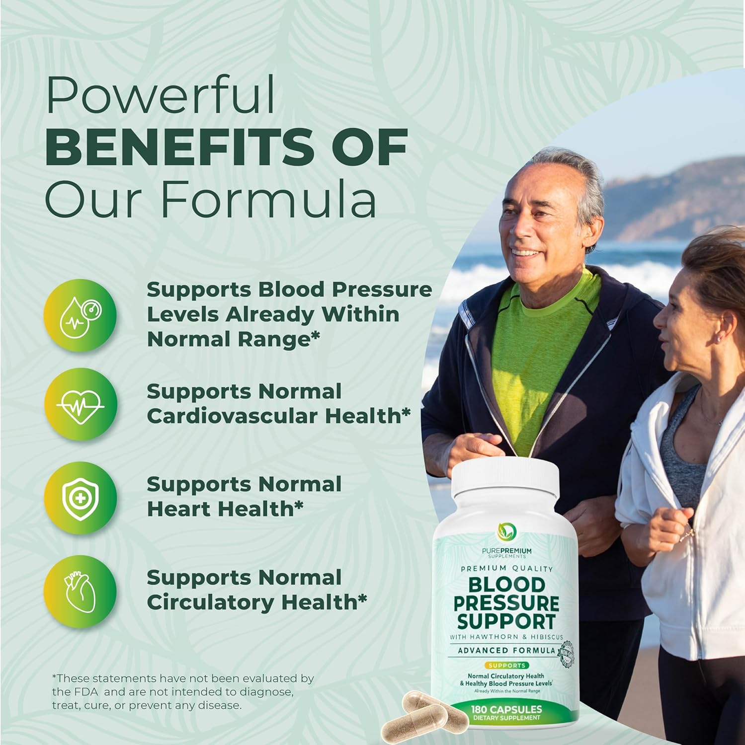 PurePremium Blood Pressure Supplements with Hawthorn Berry, Hibiscus, Garlic & Vitamin B12- Nitric Oxide Supplement for Normal Heart Health, Circulation Health & Blood Pressure Support - 180ct