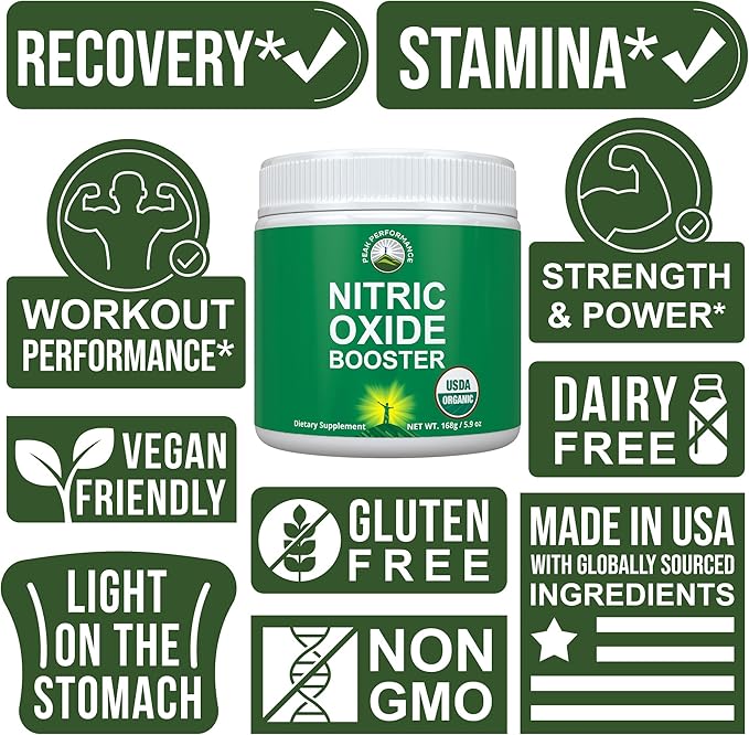 USDA Organic Plant Based Nitric Oxide Booster Powder Supplement For Men & Women. Caffeine Free Supplements 5 Top Organic Ingredients. Beet Root, Tart Cherry, Acerola Cherry, Pomegranate, Red Ginseng