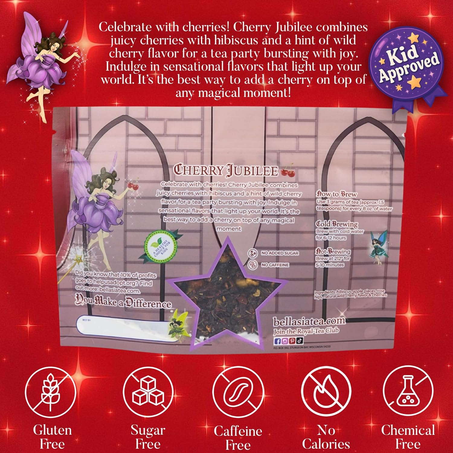 Bellasia Tea Cherry Jubilee for Kids Using Real Fruit Pieces - Caffeine Free Herbal Tea with Real Ingredients & Balanced Flavor- Add Loose Leaf Tea to Your Child’s Routine for A Fun & Tasty Drink