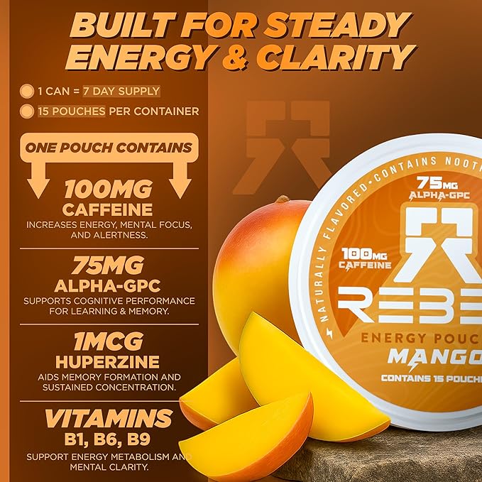 Nootropic Energy Caffeine Pouches (Mango) • 100mg Caffeine • Alpha GPC • Huperzine A & Essential Vitamins • Sugar-Free • Coconut Fiber Technology • 15 Pouches Per Can (Pack of 1)