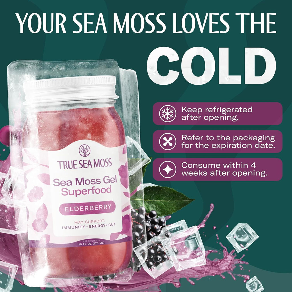 TrueSeaMoss Sea Moss Gel – Made in USA – Wildcrafted Seamoss, Fresh Fruits & Sea Vegetables – Elderberry, Pack of 2 (Labels may Vary)