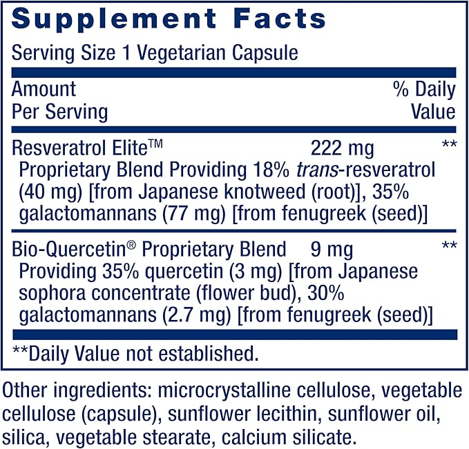 Life Extension Optimized Resveratrol Elite, Trans-resveratrol, quercetin, Healthy Aging, Heart Health, Brain Health, oxidative Stress, Gluten-Free, Non-GMO, Vegetarian, 60 Capsules