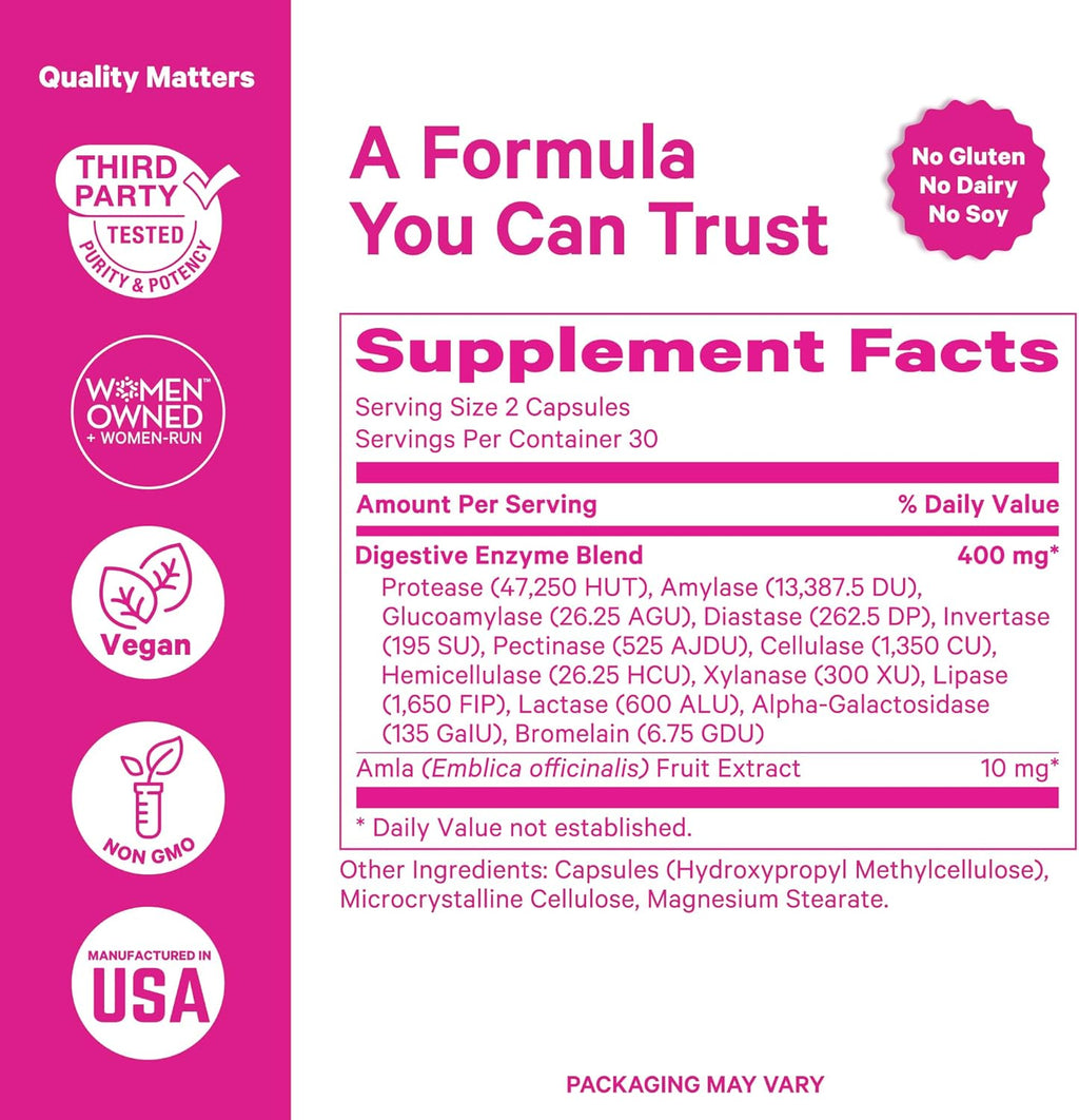 Pink Stork Digestive Enzymes for Women | Supports Digestion, Gut Health, Bloating Relief, Metabolism + Nutrient Absorption | GLP-1 Support | Vegan | 13 Enzymes + Amla Supplement | 60 Capsules