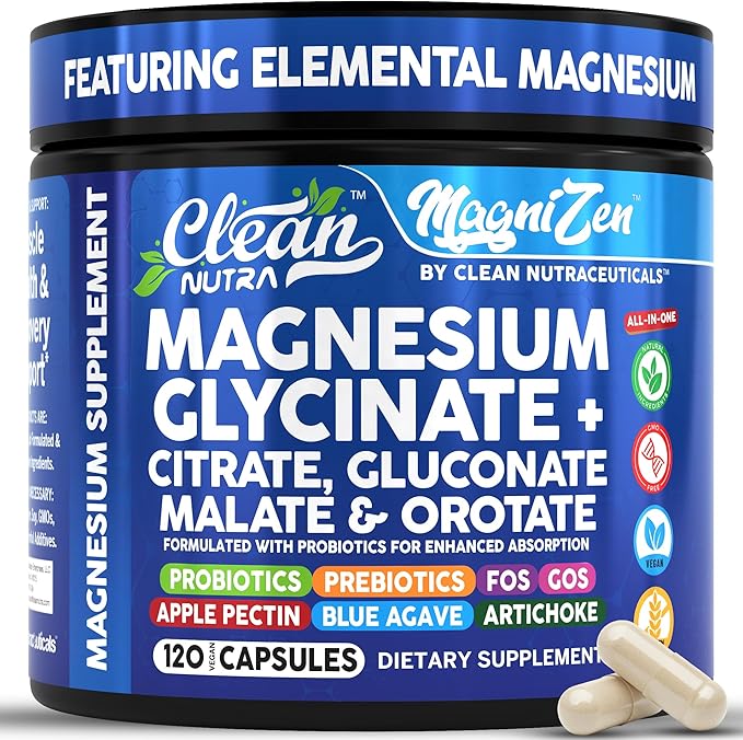 Clean Nutra Magnesium Glycinate Citrate Malate Orotate Taurate Supplement Complex + 10 Strain Probiotic Prebiotics FOS GOS Inulin Sleep Calm Support Apple Pectin – 120 Vegan Capsules