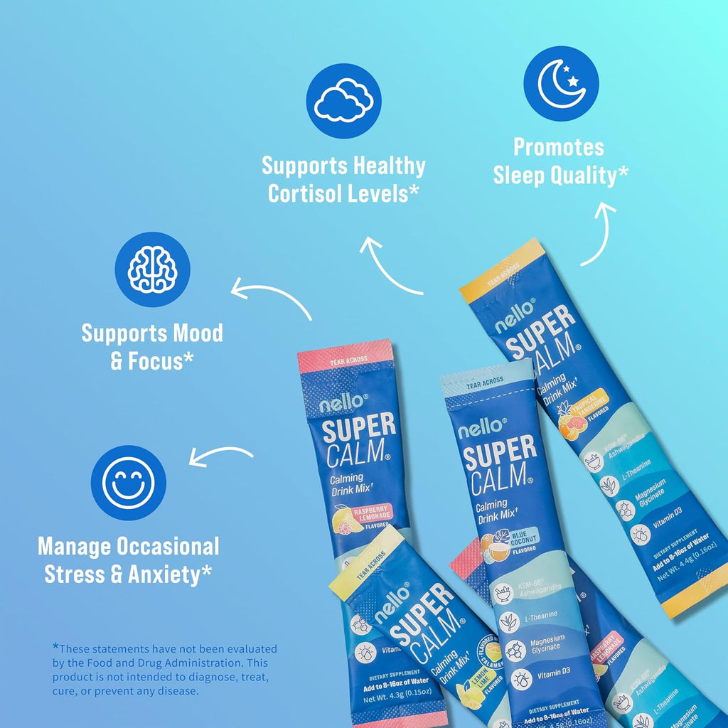 Nello Supercalm Powdered Drink Mix, Cortisol Reducer* and Sleep Aid Supplement, L Theanine, Ksm-66 Ashwagandha, Magnesium Glycinate, Vitamin D 3, No Sugar, Non GMO, On The Go, 20 Ct, Variety Pack
