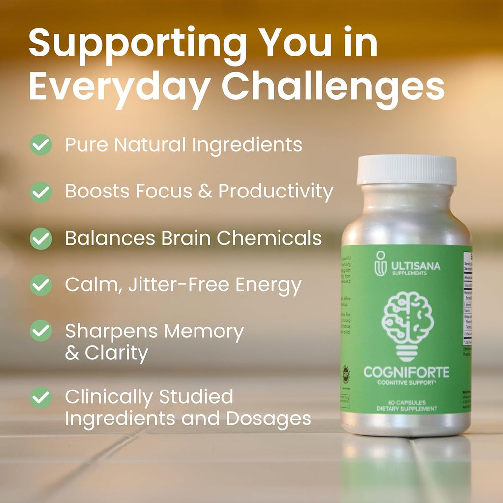 Cogniforte Brain Supplement for Memory and Focus | Enhanced Cognitive Support, Mental Clarity & Energy Booster | L-Theanine, Ginkgo Biloba, Taurine, Vitamin B12 & Caffeine | 60 Count