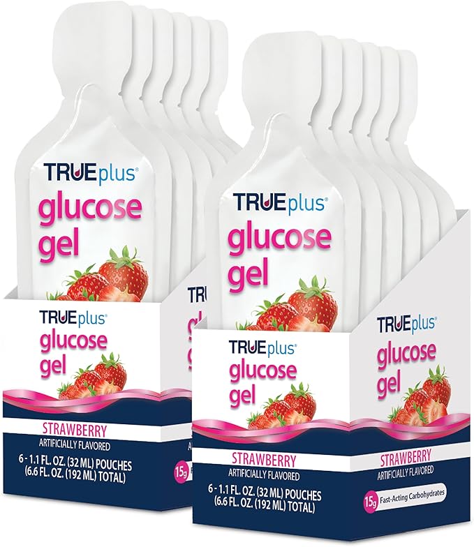 TRUEplus Glucose Gel Pouch, Strawberry Flavor, 15g Fast-Acting Carbohydrates, Fat Free, Gluten Free, Quick Support for Low Blood Sugar and Energy, 12 Pack
