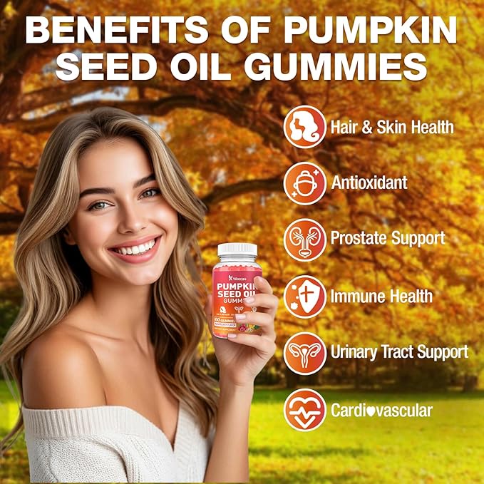 Pumpkin Seed Oil Gummies, Pumpkin Seed Oil Supplement with Saw Palmetto for Hair Growth, Youthful Skin & Prostate Health, Non-GMO, Gluten Free, Vegan, Sugar Free, Raspberry Flavor, 60 Count