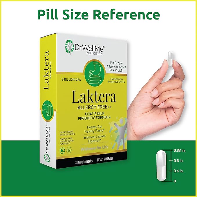 Dr. WellMe Laktera Allergy-Free Probiotics – 30 Capsules, 12B CFU Goat’s Milk Probiotic Formula, Immune & Gut Health Supplements – Low Lactose, Gluten-Free for Adults & 7+ Children