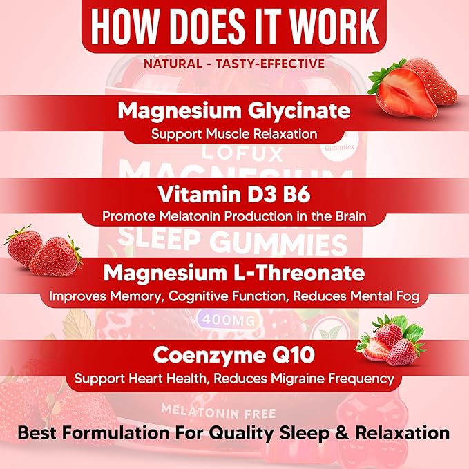 Lofux Magnesium Glycinate Gummies 400mg, Sugar Free Magnesium Gummies for Adults Women, Men, Chewable Supplement Gummy with L-Threonate, Vitamin D, B6, CoQ10 - for Calm, Sleep, Body Relaxation, 60 Ct