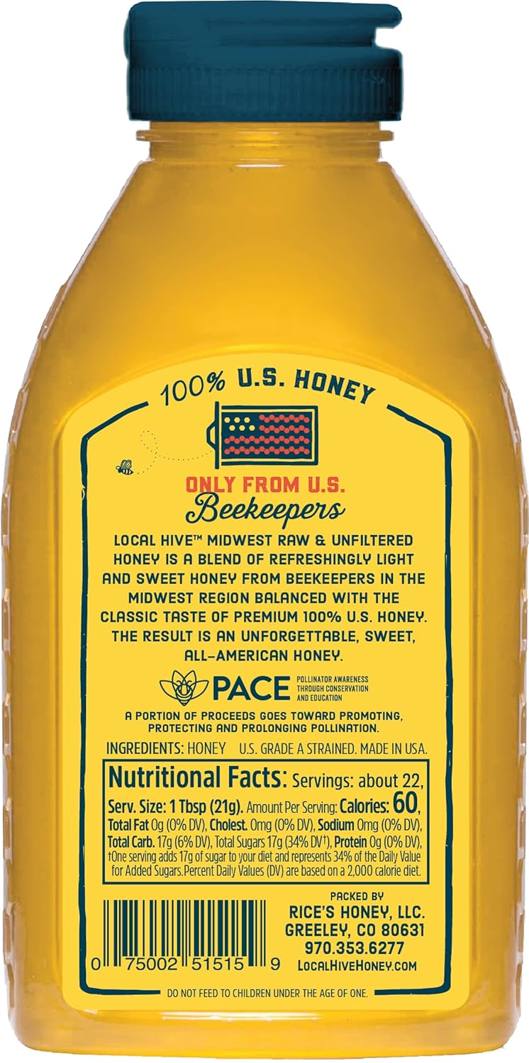 Local Hive Midwest Raw & Unfiltered – 16 oz | 100% Pure U.S. Honey | Natural Sweetener Sourced from American Bees & Beekeepers | Light, Refreshing Flavor | Ideal for Tea, Baking & Cooking