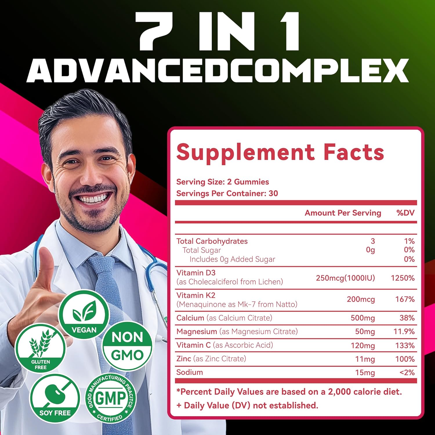 Sugar-Free Vitamin D3 K2 Gummies with Calcium + K2 (MK-7), Magnesium Citrate, Vitamin C, Extra Strength - Ultimate Absorption for Bone Muscle Teeth Immune, Vegan - 120 Gummies