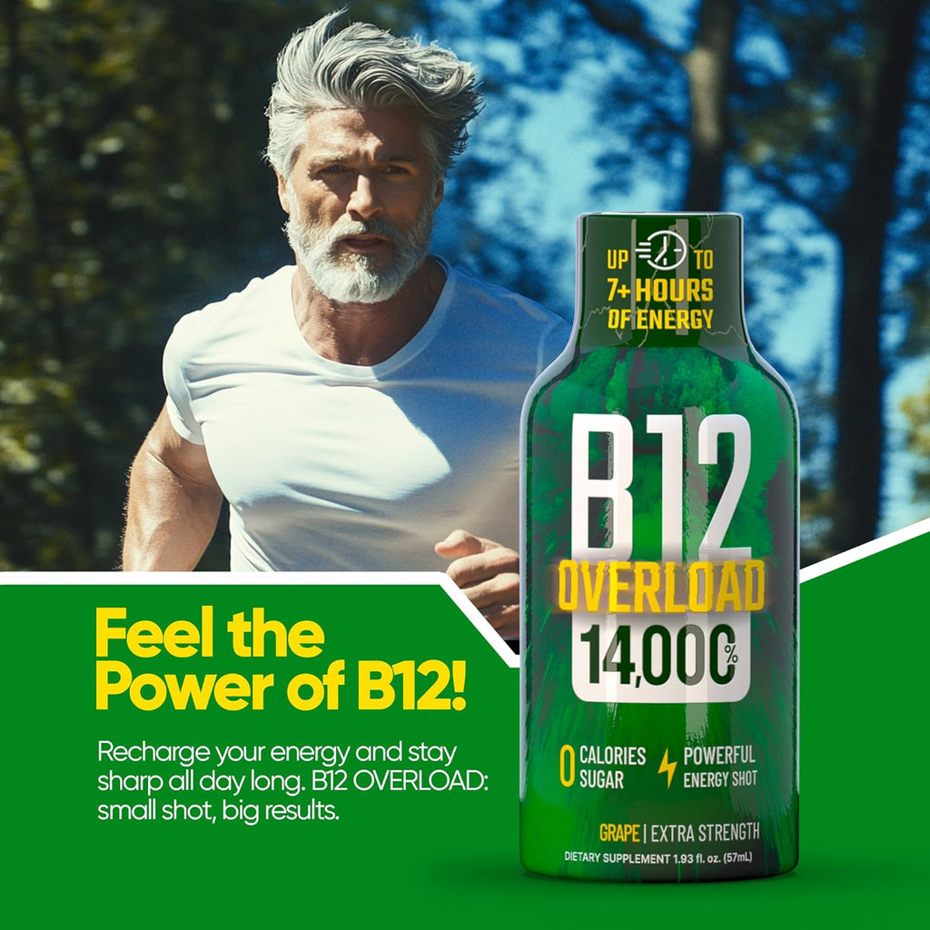 B12 Overload Extra Strength Energy Shot – Grape – 260mg Caffeine, 14000% B12, Electrolytes – Energy & Vitality Support – Zero Sugar No Calories – Vegan, Kosher, Gluten-Free – 1.93 fl oz, 24 -Pack