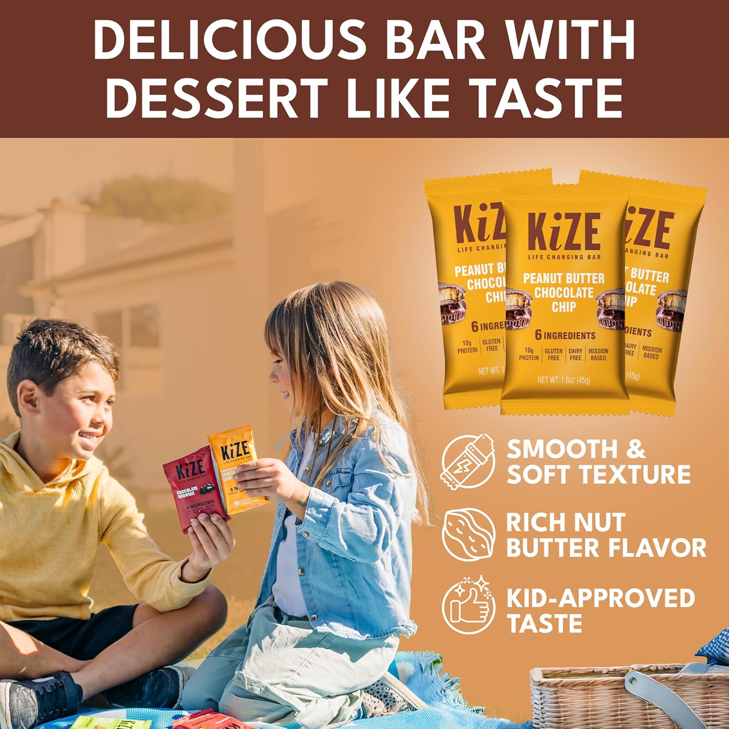 KiZE Energy Bars - Peanut Butter Chocolate Chip - 20-Count - Gluten Free, Dairy Free, Non-GMO, and High Protein Meal Replacement Energy Bars, Clean and Simple Food Ingredients - 10g High Protein Snacks (20 Count)