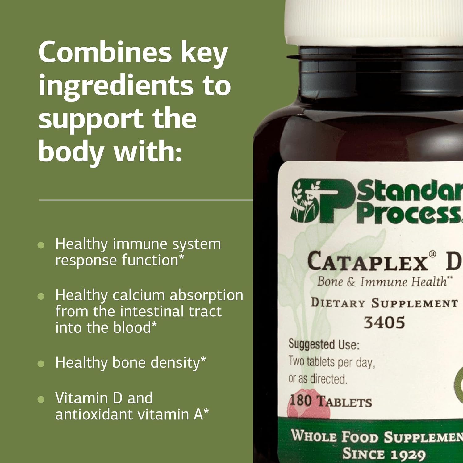 Standard Process Cataplex D - Supports Immune System, Bone Strength & Bone Health - Aids Calcium Absorption - Contains Vitamin D and Antioxidant A - Gluten-Free, Non-Dairy & Non-Soy - 180 Tablets