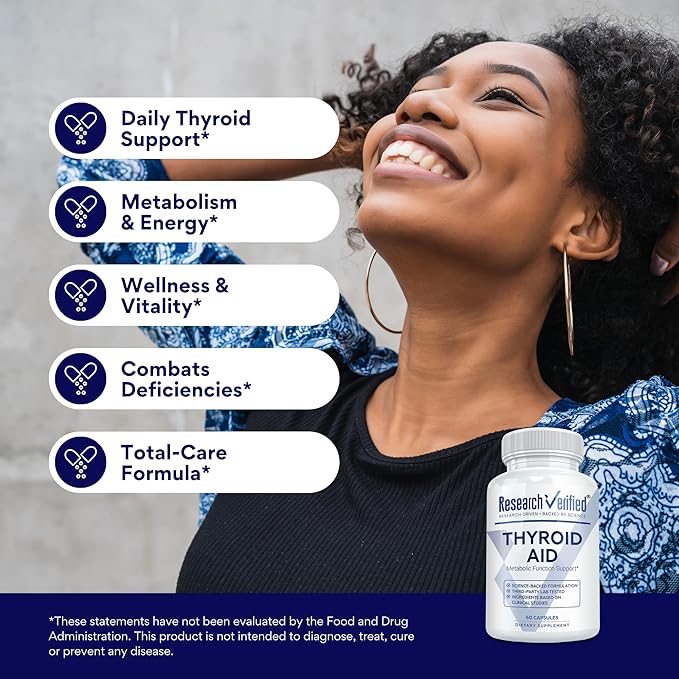 Research Verified® Thyroid Aid - Optimal Thyroid Function with Iodine Copper & Zinc - 260 mcg Selenium - 100% Pure - Vegan Friendly - 60 Capsules - 3 Month Supply