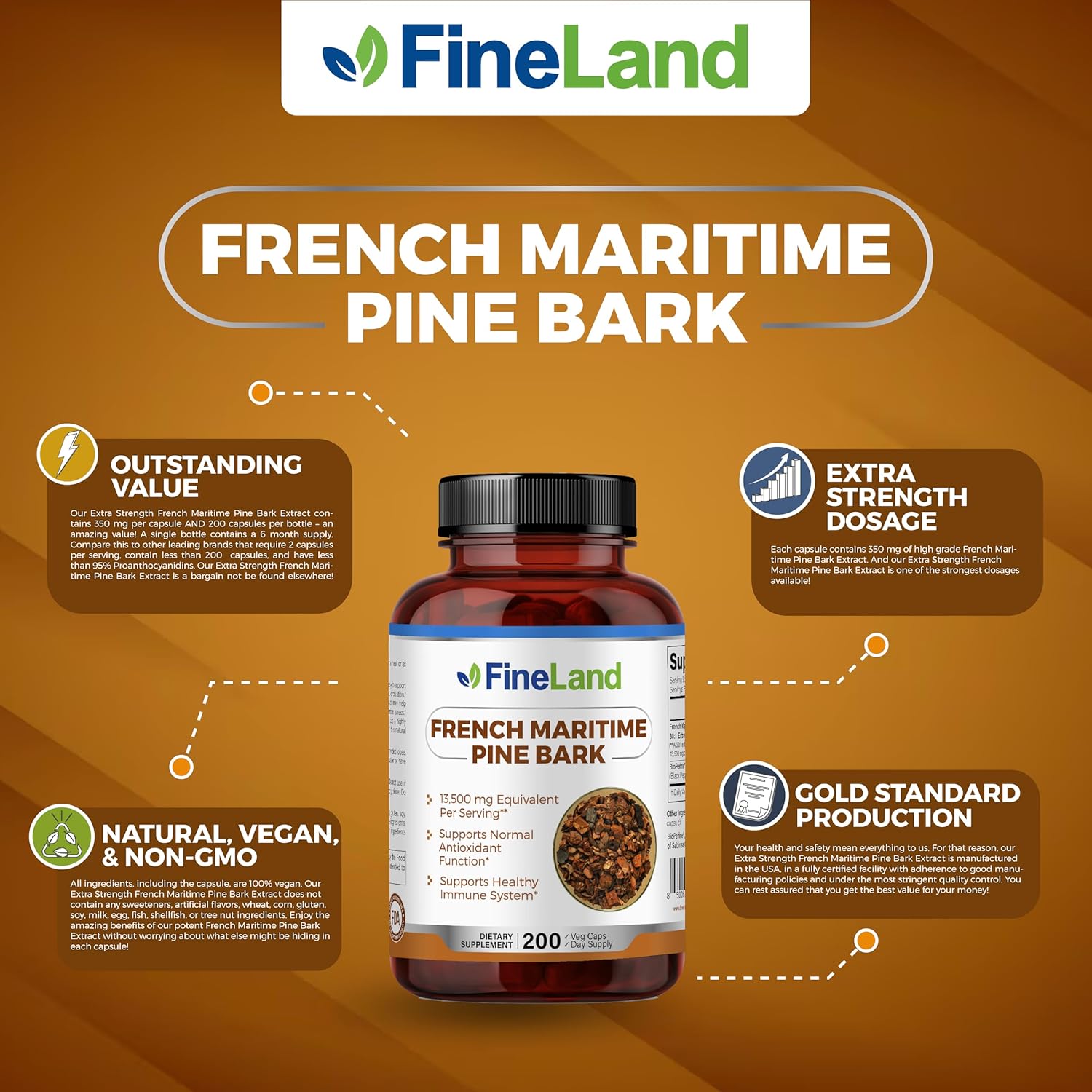 FineLand French Maritime Pine Bark 30:1 Extract Max Strength, 450 mg Per Capsule, Antioxidant, 200 Veggie Caps of Pine Bark Supplement for 200 Days, 100% Natural