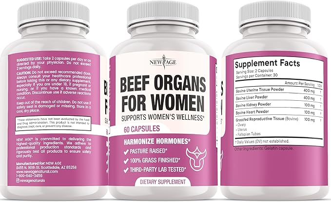 NEW AGE Beef Organ Supplement for Women - Beef Liver, Kidney, Heart and Uterus Tissue, Supports Women's Overall Energy and Health - Pasture Raised, Grass Fed - No Fillers - 120 Capsules