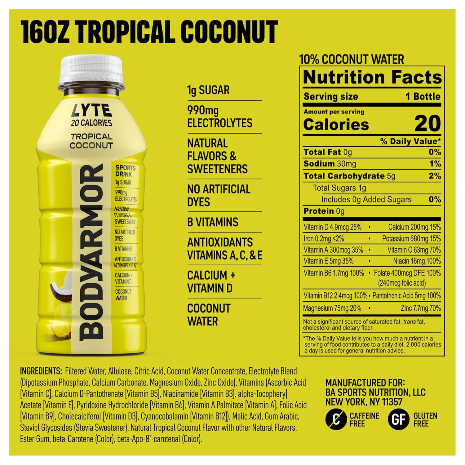 BODYARMOR LYTE Sports Drink Low-Calorie Sports Beverage, Tropical Coconut, Coconut Water Hydration, Natural Flavors With Vitamins, Potassium-Packed Electrolytes, Perfect For Athletes, 16 Fl Oz (Pack of 12)