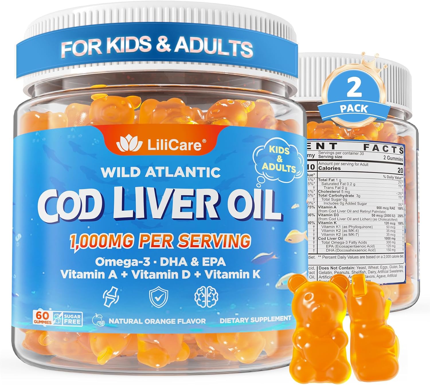 Cod Liver Oil Gummies 1000mg for Kids & Adults - w/Omega 3 (EPA & DHA), Vitamins A, D3 & K2 - Cod Liver Oil Omega 3 Gummies for Immune, Brain & Cognitive Support, SugarFree, Orange Flavor, 120Cts