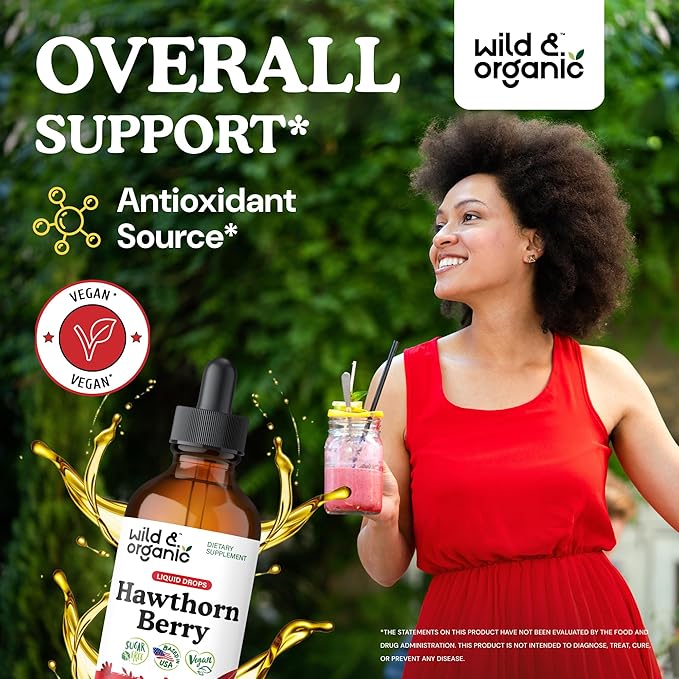 Wild & Organic Hawthorn Berry Tincture 600 mg - Liquid Hawthorne Berry Supplement for Overall Support - Vegan, Sugar & Alcohol-Free Fruit Extract Drops - 4 fl oz