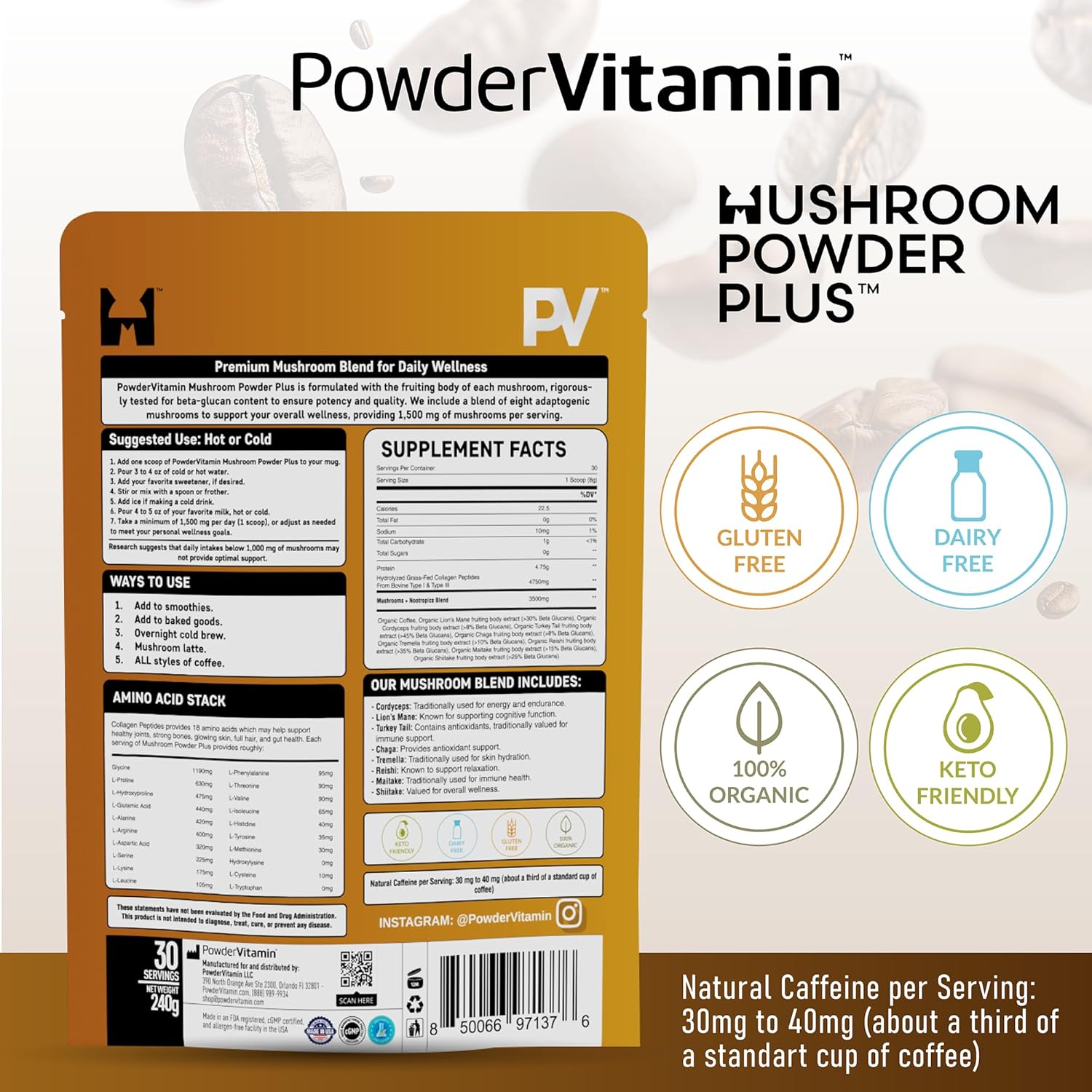Organic Mushroom Coffee Certified Mold & Mycotoxin-Free GrassFed Collagen Types I & III 8 Fruiting Body Mushrooms Tested for Beta-Glucans Focus Energy Digestion & Immunity 30 Servings