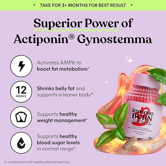 Lemme Burn - Metabolism, Belly Fat Burning + AMPK Activating Supplement for Men & Women w/Clinically Studied Actiponin Gynostemma, Green Tea Extract, Vitamins B6 & B12 - Gluten Free, 60 Count