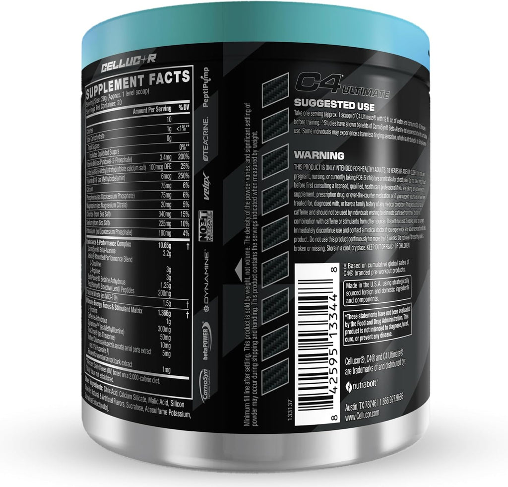 Cellucor C4 Ultimate Pre Workout Powder - Sugar Free Preworkout Energy Supplement for Men & Women - 300mg Caffeine + TeaCrine + Dynamine + Creatine - Frozen Bombsicle, 20 Servings