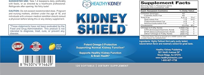 Kidney Shield Omega 3 Fish Oil Supplements - DHA EPA Omega 3 Supplement for Women & Men Kidney Health - Omega3 to Support Normal Kidneys Function & Cleanse, Detox & Repair - 120 Lemon Softgels