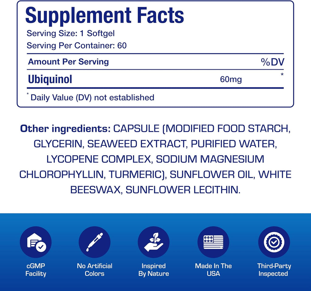 Ultra Absorption Ubiquinol CoQ10 Supplement - Coenzyme Q10 Supplement for Heart Immune Energy Cellular & Brain Support - Vegetarian Non-GMO & Made in The USA in cGMP Facilities - 60 Servings