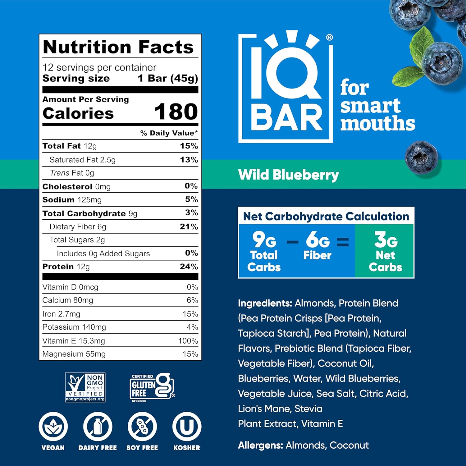 IQBAR Brain and Body Plant Protein Bars - Wild Blueberry - 12-Count - Keto, Vegan, Low Carb, High Fiber, Gluten Free, Dairy Free, Low Sugar Snack with Nutrients for Focus, Energy, Meal Replacement