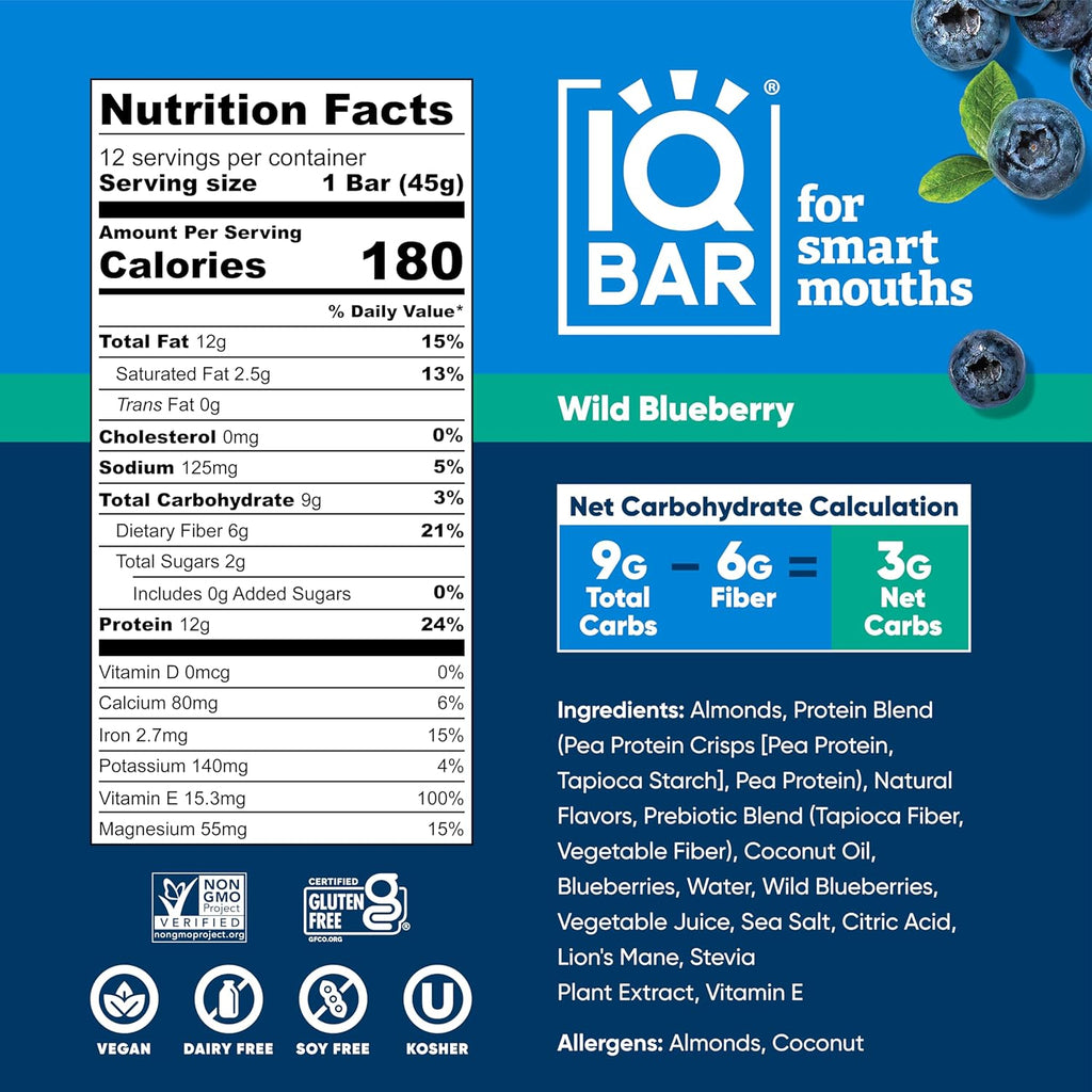 IQBAR Brain and Body Plant Protein Bars - Wild Blueberry - 36-Count - Keto, Vegan, Low Carb, High Fiber, Gluten Free, Dairy Free, Low Sugar Snack with Nutrients for Focus, Energy, Meal Replacement