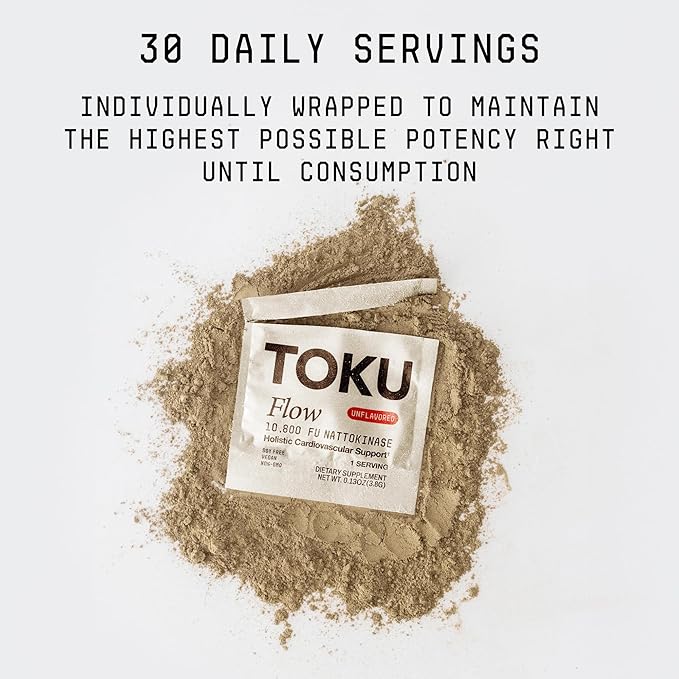 Toku Nattokinase 10,800 FU Supplement with Vitamin K2 MK7 & Oat Beta Glucan, Daily Circulation Support Powder, Plant-Based Drink Mix, Soy-Free, 30 Single-Serve Packets