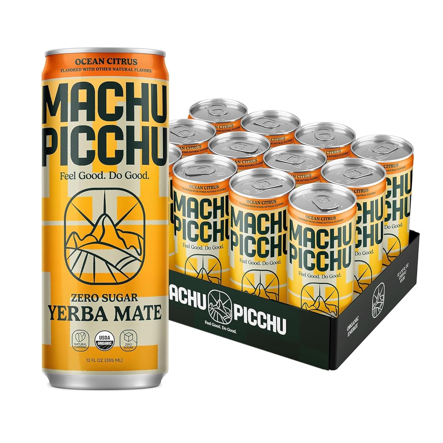 MACHU PICCHU ENERGY, Non-Carbonated Zero Sugar Yerba Mate, Clean Energy Drink Alternative, 12oz (Pack of 12) – 120mg Organic Green Coffee Bean Caffeine, Low Calorie, USDA Organic, No Artificial Flavors (Ocean Citrus)
