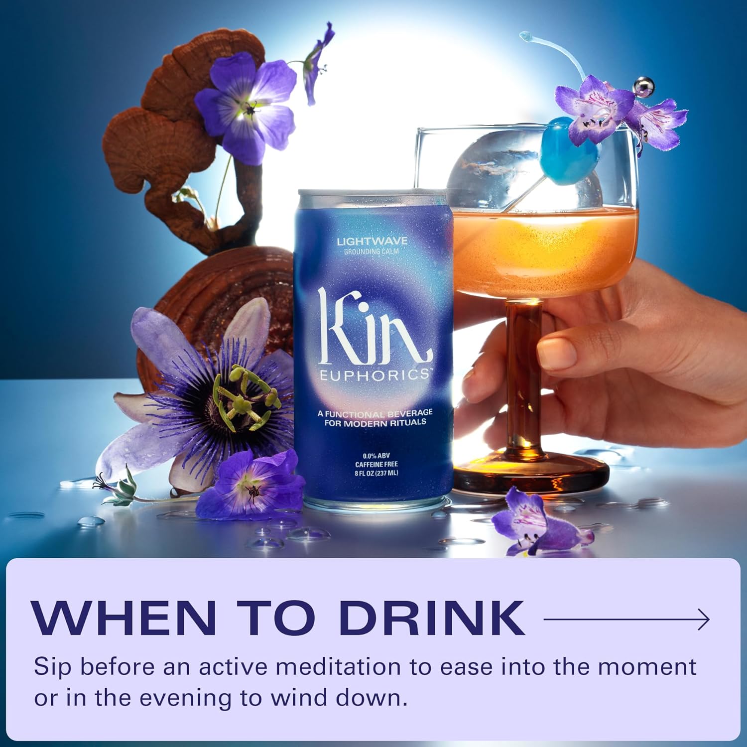 Kin Euphorics Lightwave Non-Alcoholic Functional Beverage | Calm the Mind & Mellow the Mood | Adaptogens, Nootropics, Reishi Mushroom & L-Theanine | 8 Fl Oz (16pk)