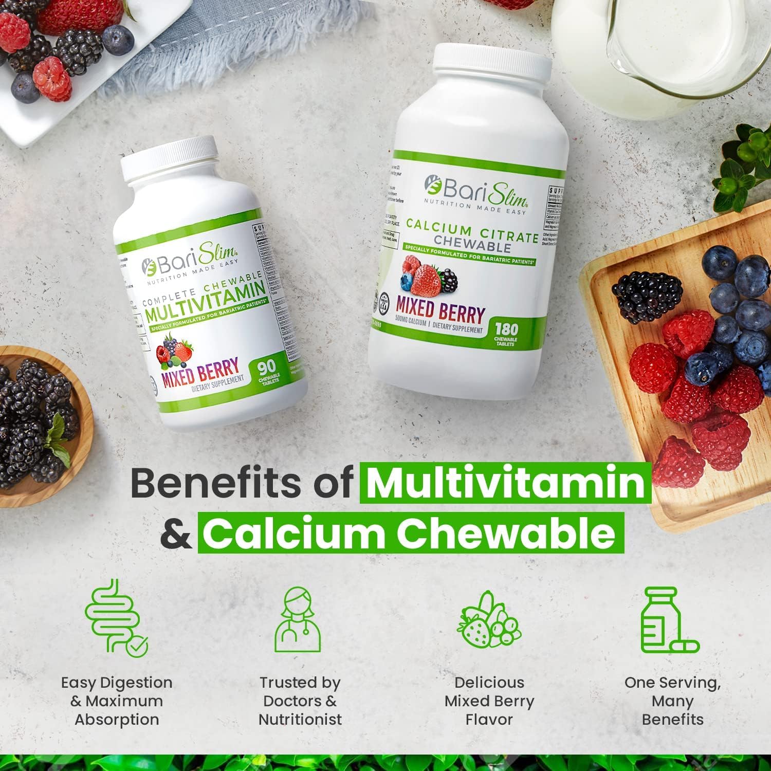 BariSlim Bariatric Calcium Citrate & Complete Chewable Bariatric Multivitamin - Bariatric Vitamin and Supplement for Post Bariatric Surgery Including Gastric Bypass and Gastric Sleeve