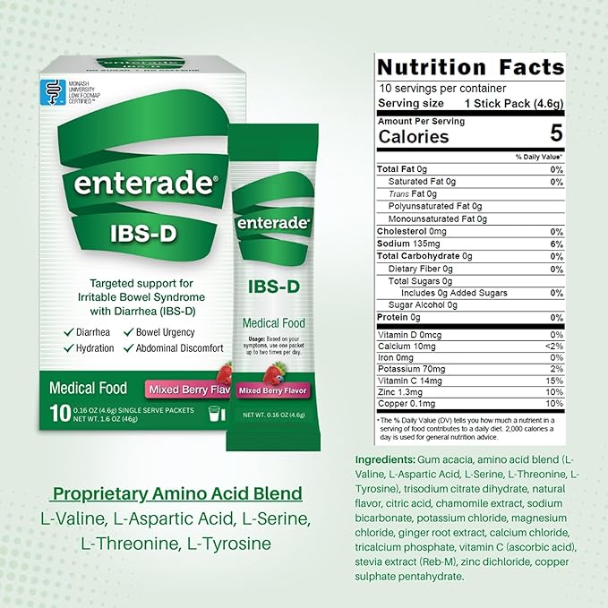 enterade IBS-D Powder Packets for IBS Relief of Symptoms from Irritable Bowel Syndrome with Diarrhea (IBS-D) - Mixed Berry, 1 Pack of 10 Single-Serving Powder Packets