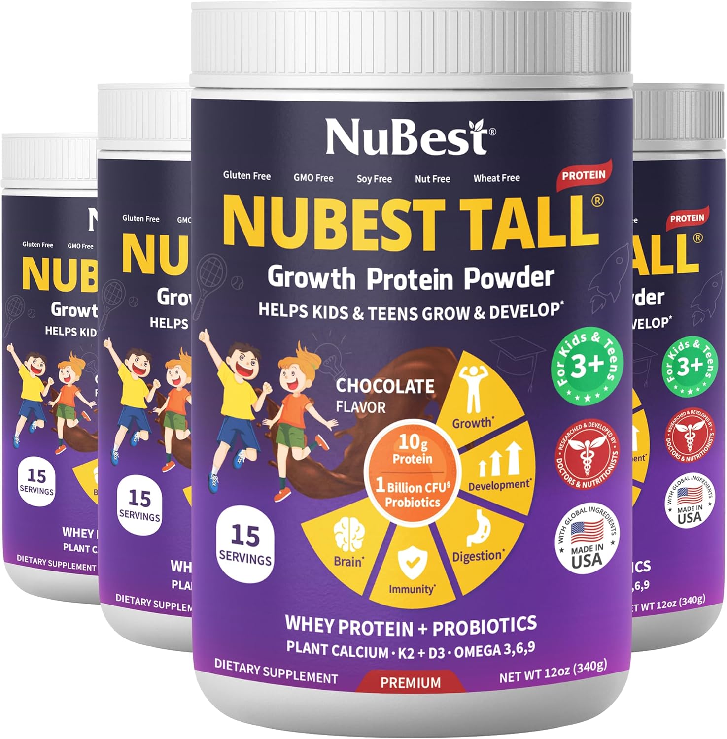 NuBest Tall Protein Powder for Kids & Teens - Chocolate Protein Powder Shake - Protein Drink with Probiotics, Omega 3-6-9, Vitamin D3 + K2, Calcium, Vitamins - Bone Strength and Immunity - Pack 4