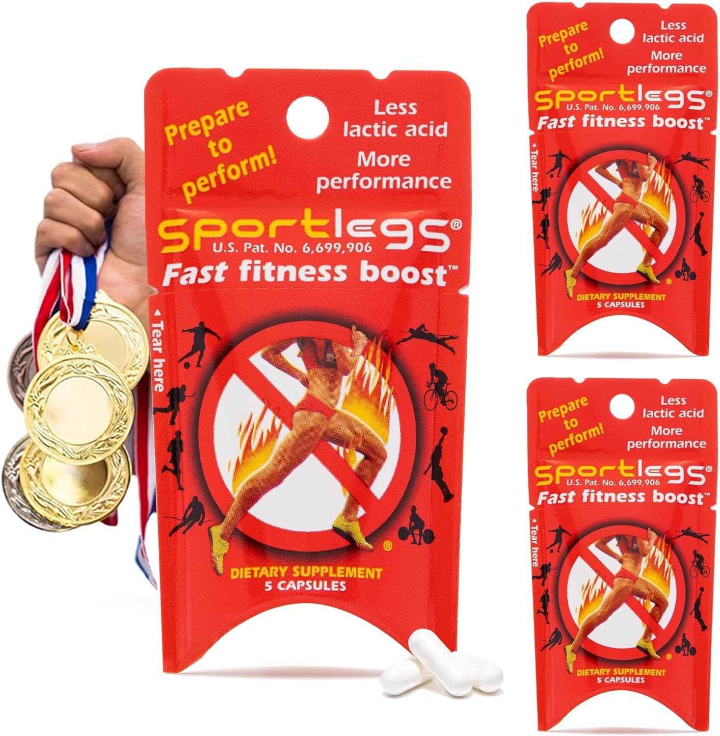 SPORTLEGS Fast Fitness Boost Pre Workout for Men and Women, Lactic Acid Supplement, Sports Endurance Fuel Endurance Supplements for Runners - 5-Cap Packet, Trial Pack of 3