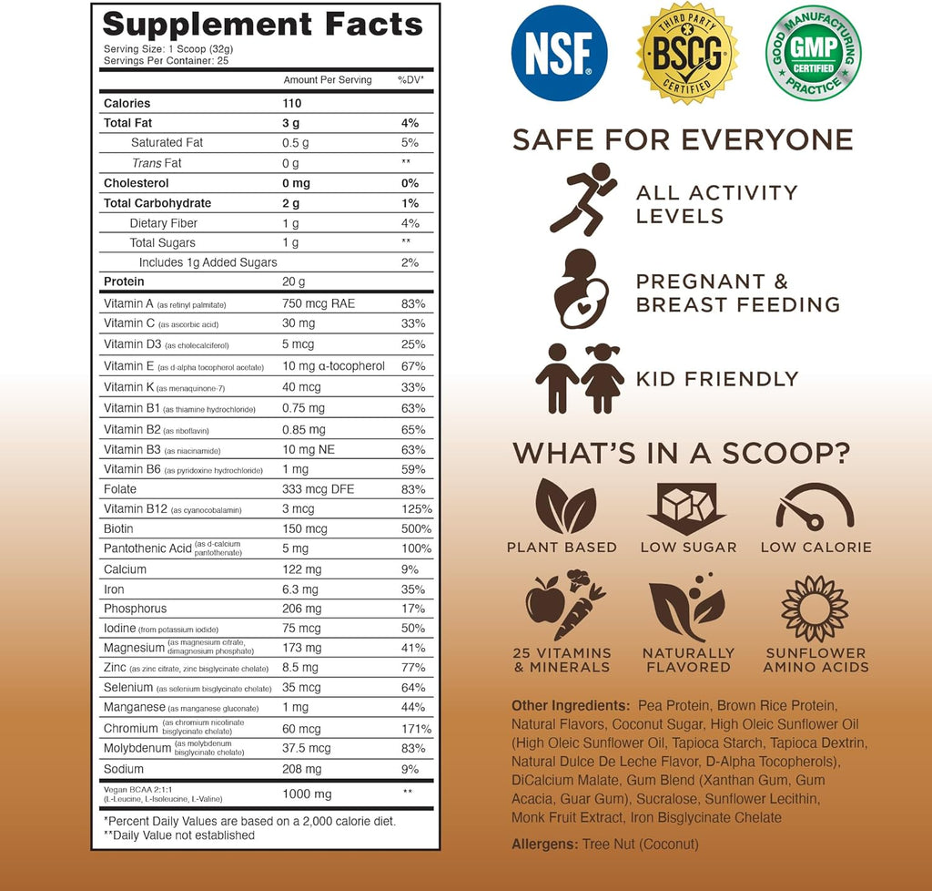 TRU Supplements Plant Based Protein Powder, BCAA, EAA, 20g Vegan Brown Rice & Pea Protein, 100 Calories, 27 Vitamins, No Artificial Flavors 25 Servings 25 Servings (Dulce De Leche)