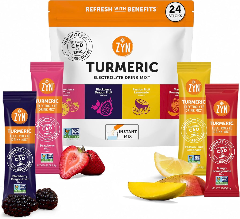 ZYN Electrolyte Drink Mix Hydration Packets, Electrolytes Powder, Hydration Packets w/Turmeric Curcumin, Vitamin C and D, Zinc, Hydrate Electrolyte Powder Packets for Wellness, Variety Pack of 24