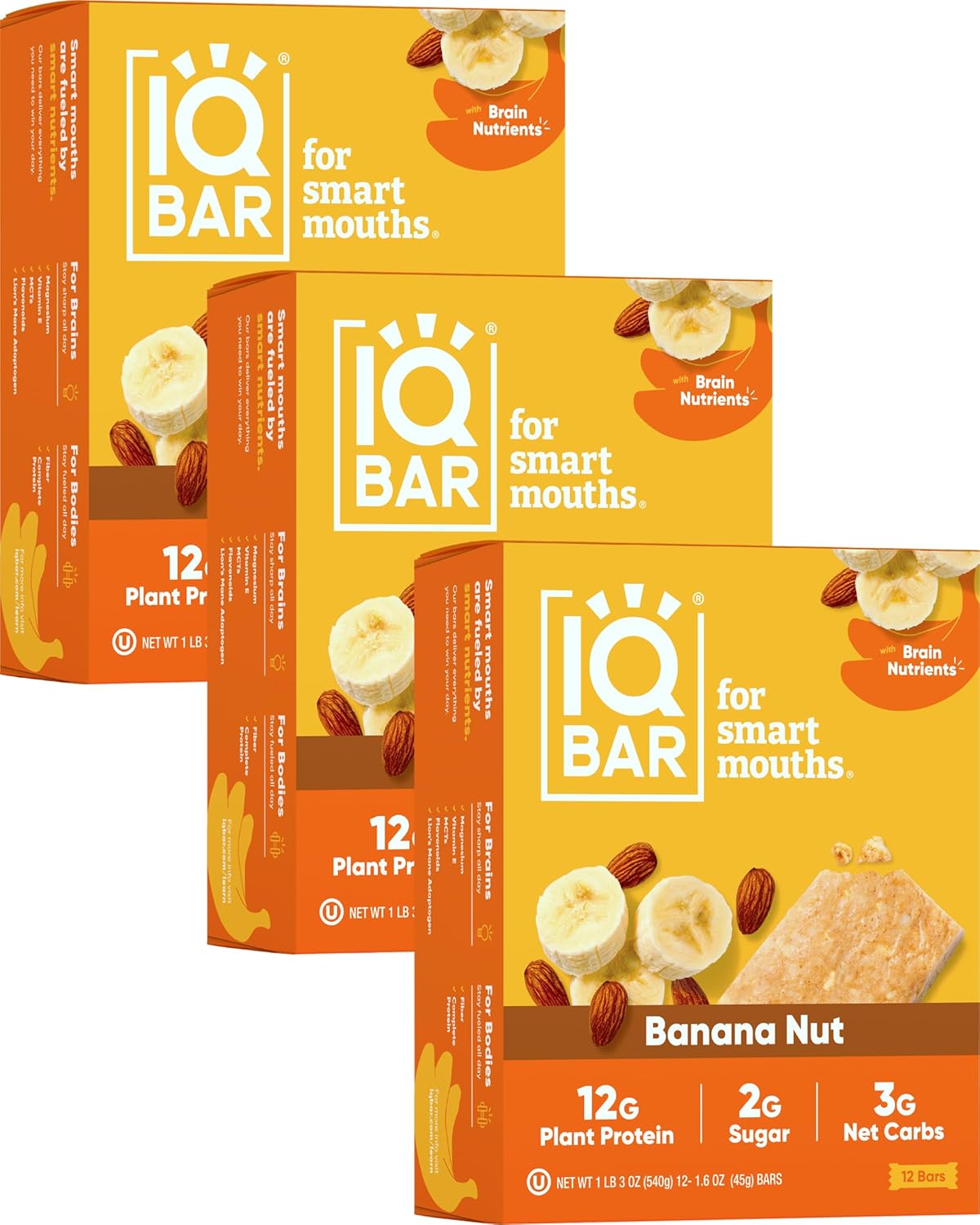 IQBAR Brain and Body Plant Protein Bars - Banana Nut - 36-Count - Keto, Vegan, Low Carb, High Fiber, Gluten Free, Dairy Free, Low Sugar Snack with Nutrients for Focus, Energy, Meal Replacement